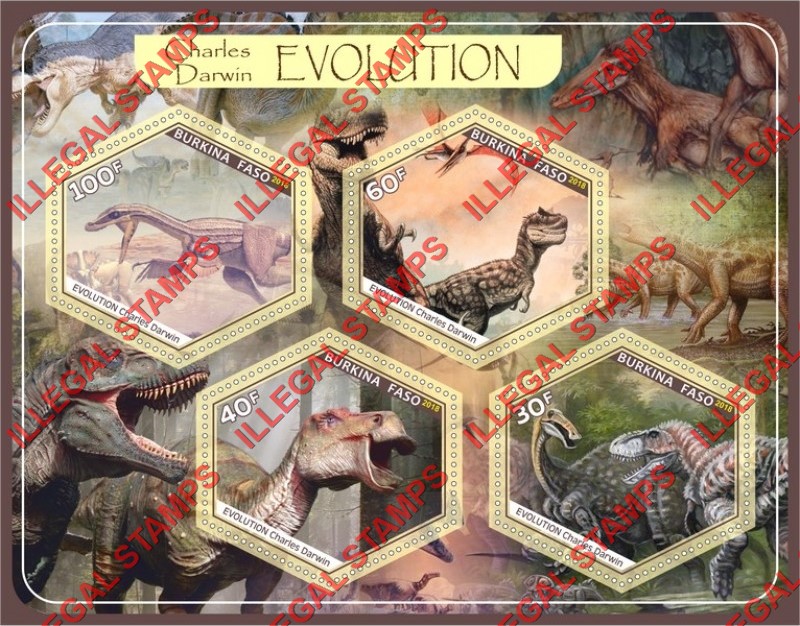 Burkina Faso 2018 Charles Darwin Evolution Dinosaurs Illegal Stamp Souvenir Sheet of 4