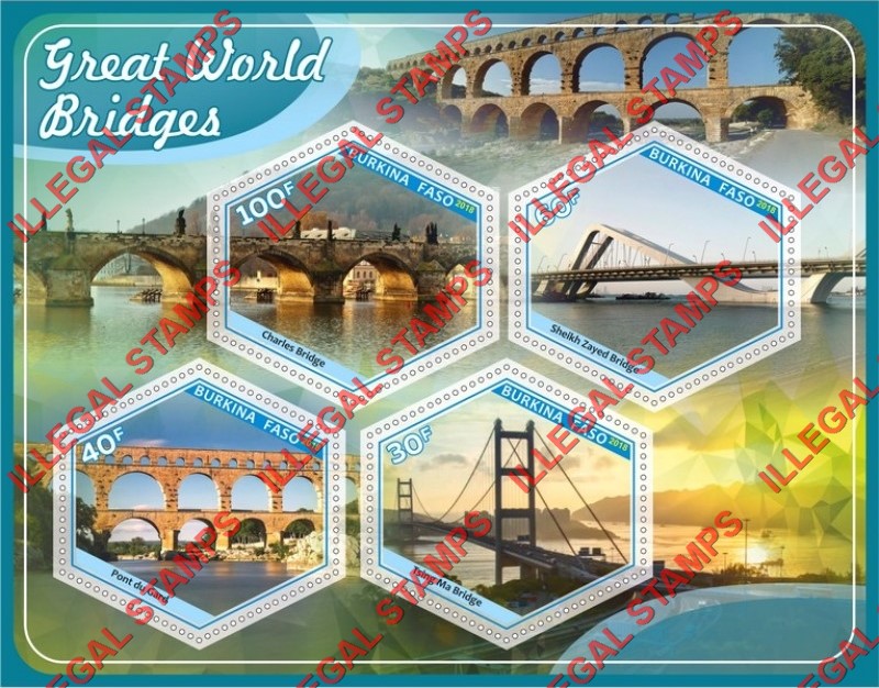 Burkina Faso 2018 Great World Bridges Illegal Stamp Souvenir Sheet of 4