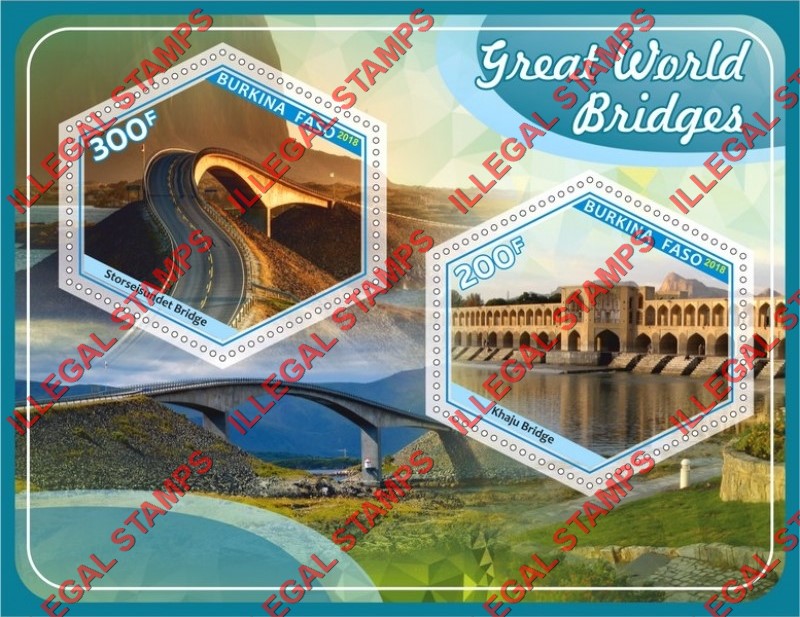 Burkina Faso 2018 Great World Bridges Illegal Stamp Souvenir Sheet of 2