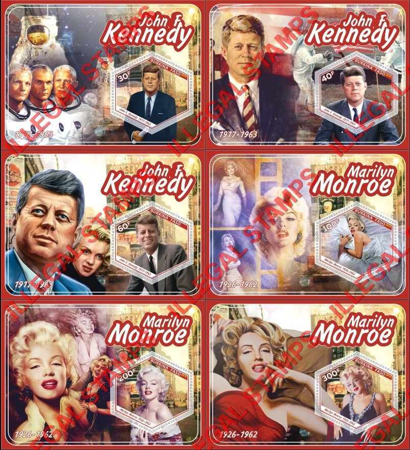Burkina Faso 2018 John F. Kennedy and Marilyn Monroe (different) Illegal Stamp Souvenir Sheets of 1