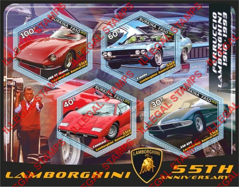 Burkina Faso 2018 Lamborghini Illegal Stamp Souvenir Sheet of 4
