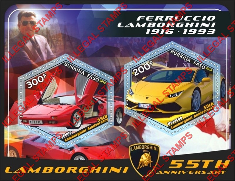 Burkina Faso 2018 Lamborghini Illegal Stamp Souvenir Sheet of 2