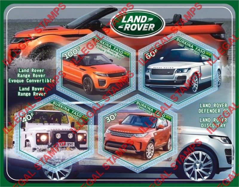 Burkina Faso 2018 Land Rover Illegal Stamp Souvenir Sheet of 4
