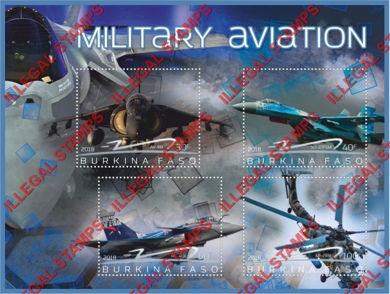 Burkina Faso 2018 Military Aviation Illegal Stamp Souvenir Sheet of 4