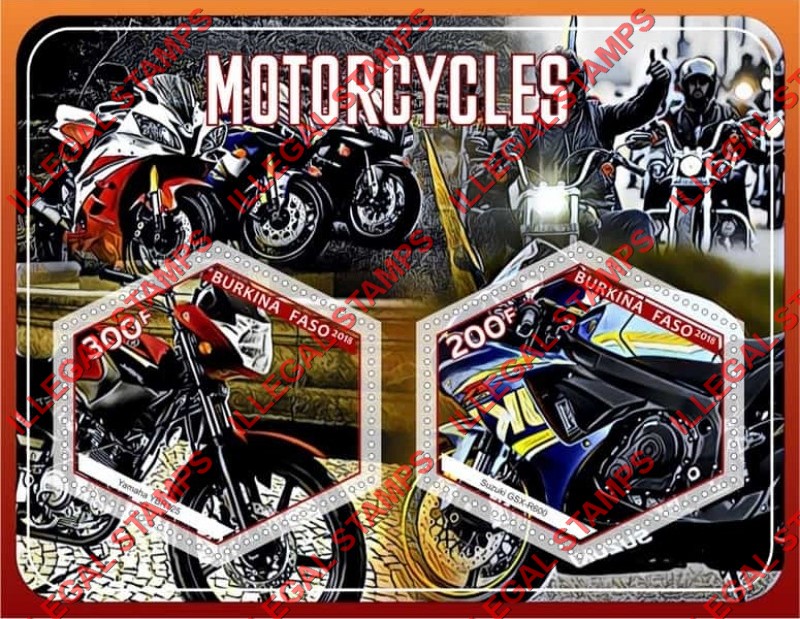Burkina Faso 2018 Motorcycles Illegal Stamp Souvenir Sheet of 2