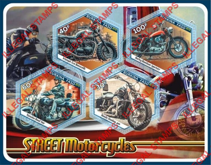 Burkina Faso 2018 Motorcycles Street Motorcycles Illegal Stamp Souvenir Sheet of 4