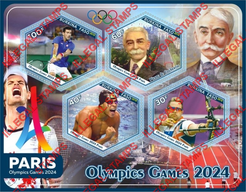 Burkina Faso 2018 Olympic Games in Paris in 2024 Illegal Stamp Souvenir Sheet of 4