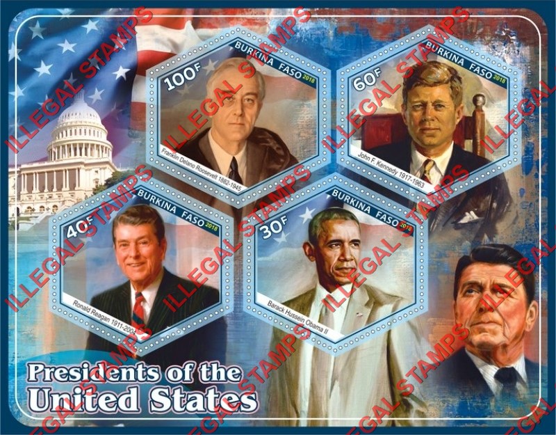 Burkina Faso 2018 Presidents of the United States (different) Illegal Stamp Souvenir Sheet of 4