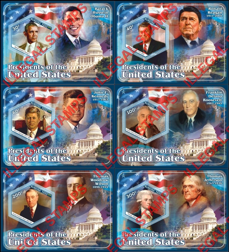 Burkina Faso 2018 Presidents of the United States (different) Illegal Stamp Souvenir Sheets of 1