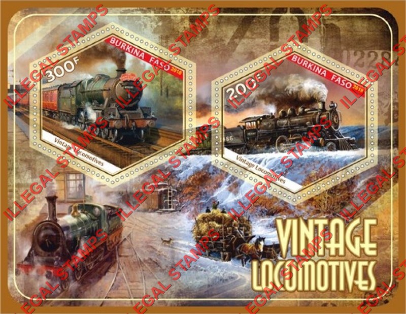 Burkina Faso 2018 Vintage Locomotives Illegal Stamp Souvenir Sheet of 2