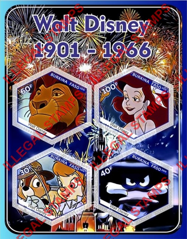 Burkina Faso 2018 Walt Disney 1901-1966 Illegal Stamp Souvenir Sheet of 4