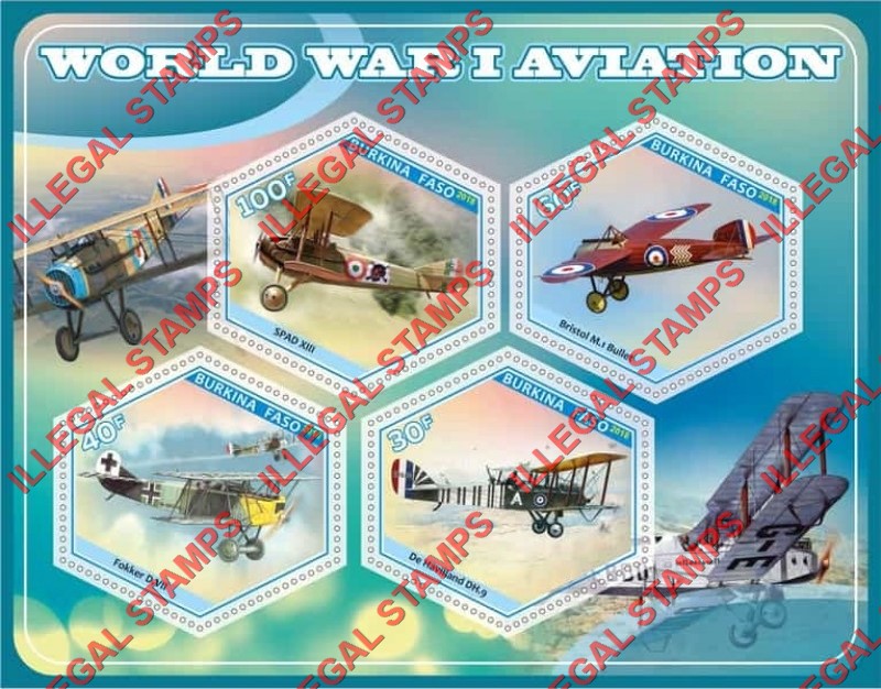 Burkina Faso 2018 World War I Aviation Illegal Stamp Souvenir Sheet of 4