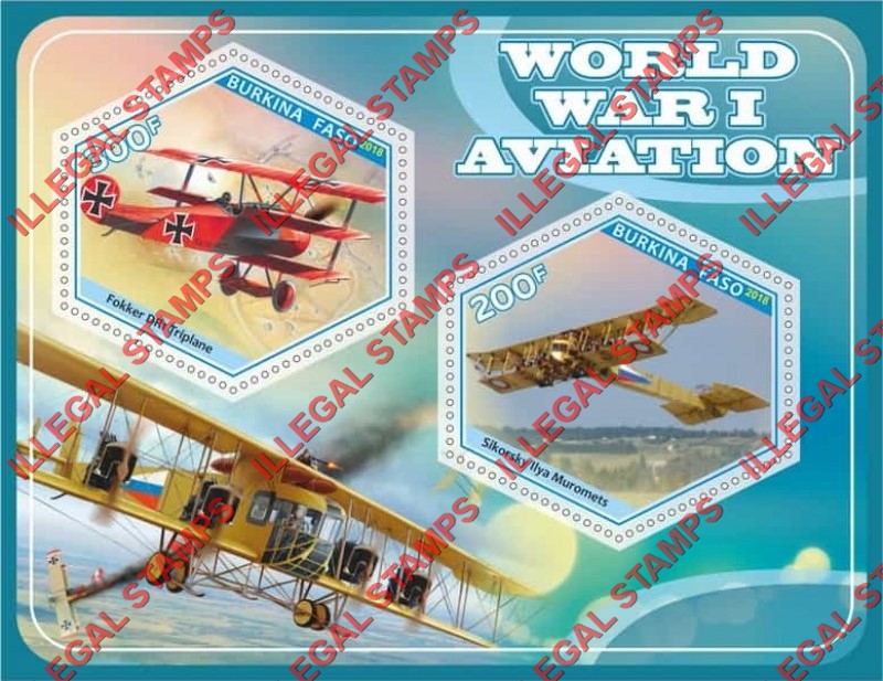 Burkina Faso 2018 World War I Aviation Illegal Stamp Souvenir Sheet of 2