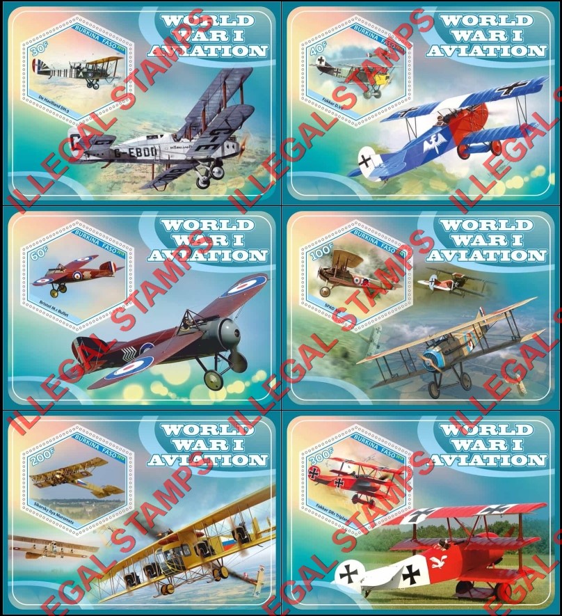 Burkina Faso 2018 World War I Aviation Illegal Stamp Souvenir Sheets of 1