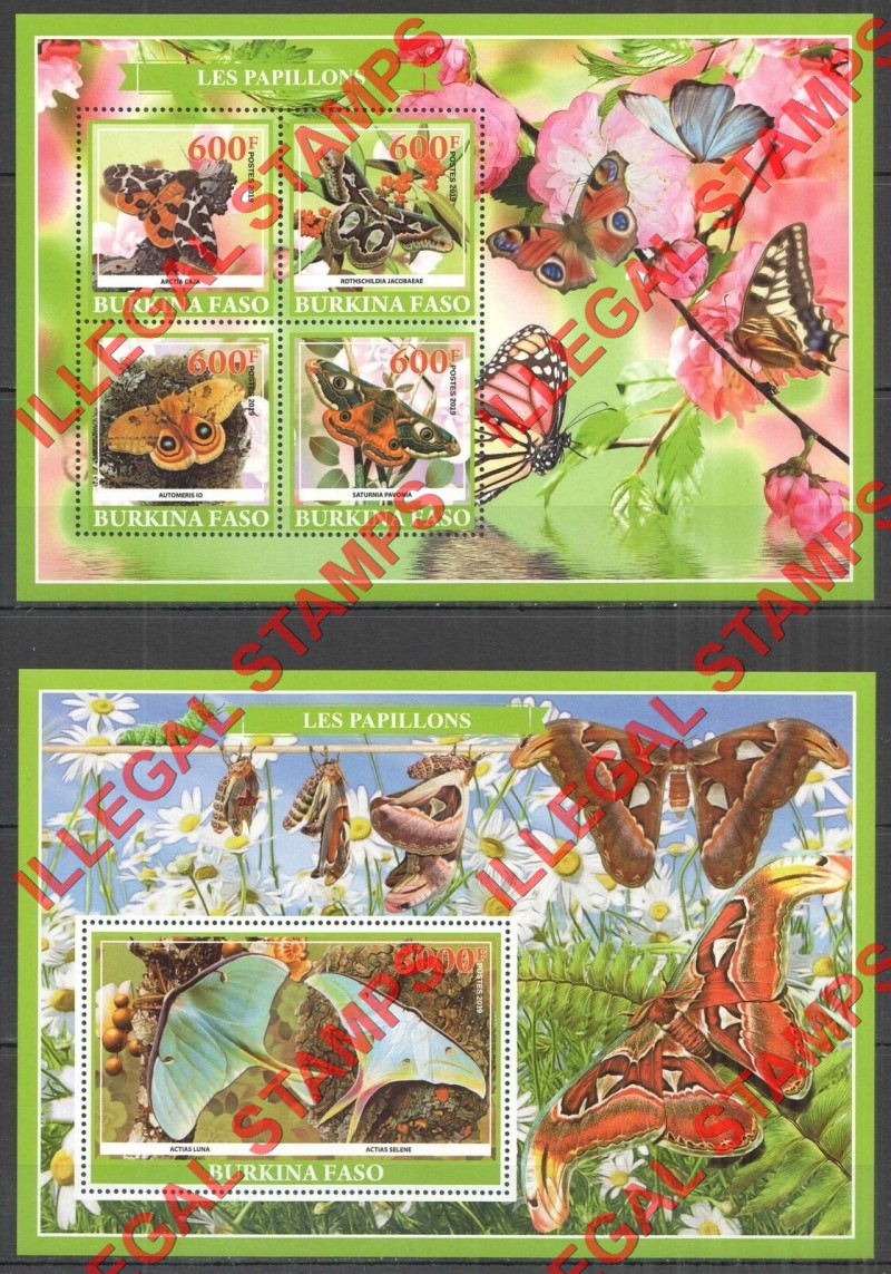 Burkina Faso 2019 Butterflies Illegal Stamp Souvenir Sheets of 4 and 1 (Set 1)