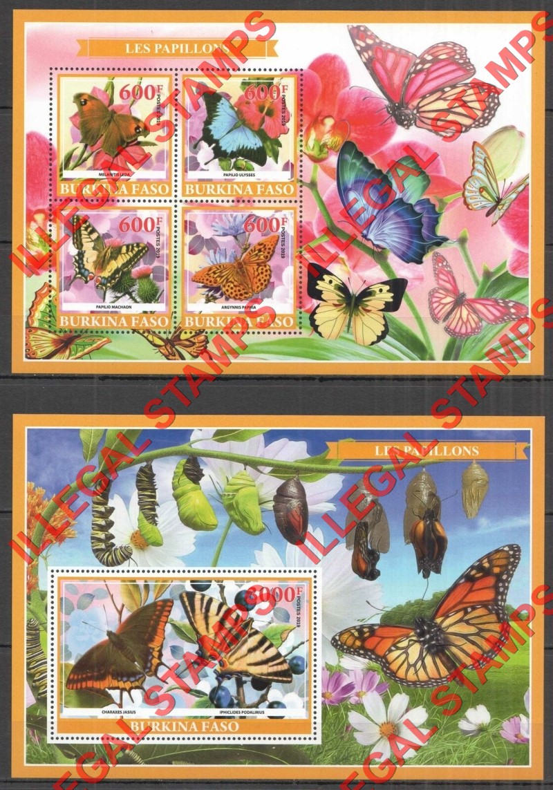 Burkina Faso 2019 Butterflies Illegal Stamp Souvenir Sheets of 4 and 1 (Set 2)