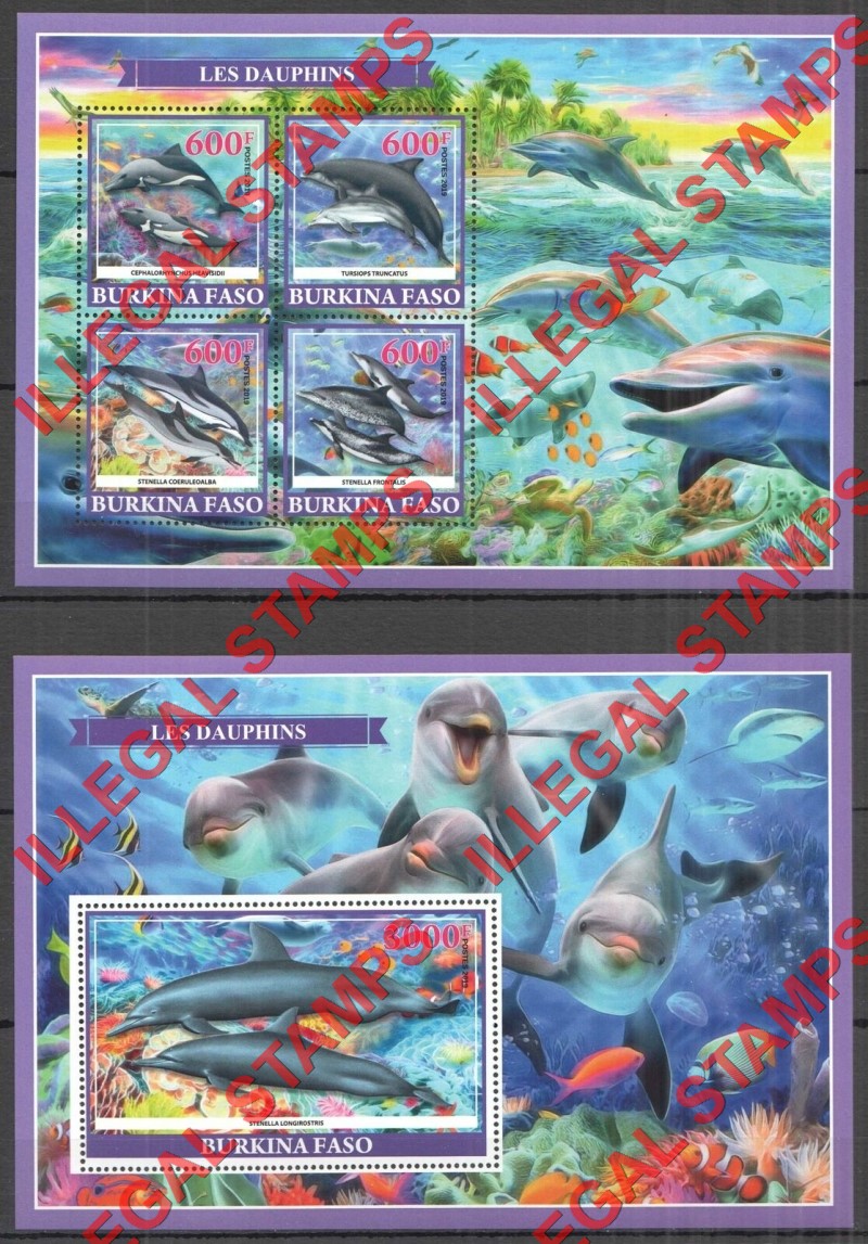 Burkina Faso 2019 Dolphins Illegal Stamp Souvenir Sheets of 4 and 1