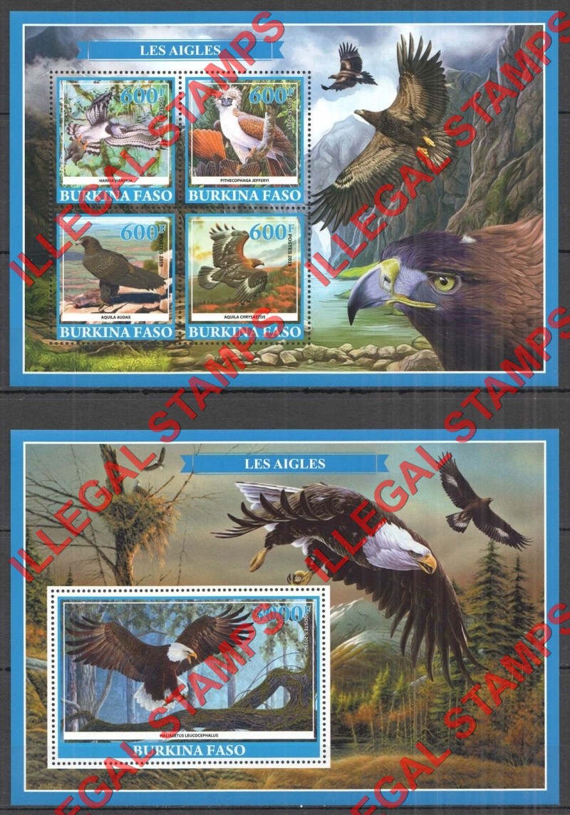 Burkina Faso 2019 Eagles Illegal Stamp Souvenir Sheets of 4 and 1