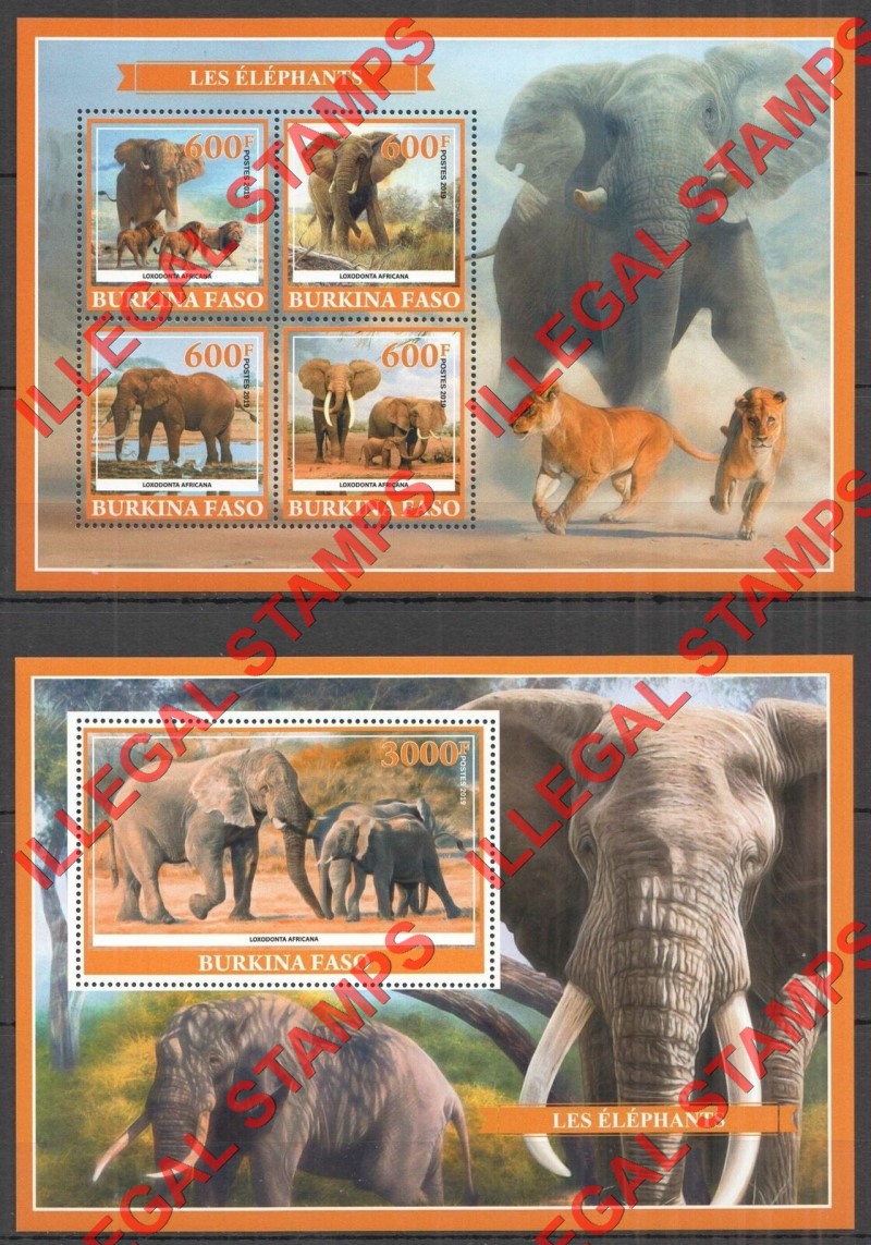 Burkina Faso 2019 Elephants Illegal Stamp Souvenir Sheets of 4 and 1