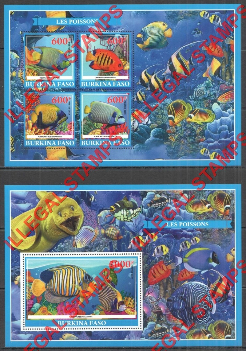 Burkina Faso 2019 Fish Illegal Stamp Souvenir Sheets of 4 and 1