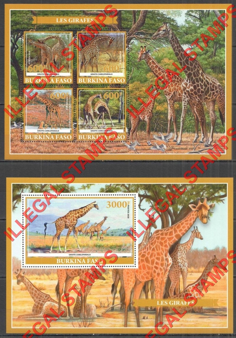 Burkina Faso 2019 Giraffes Illegal Stamp Souvenir Sheets of 4 and 1