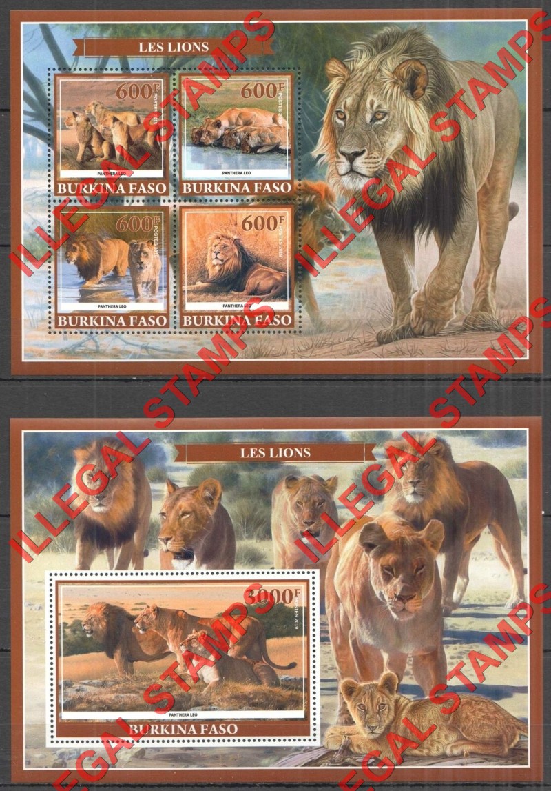 Burkina Faso 2019 Lions Illegal Stamp Souvenir Sheets of 4 and 1