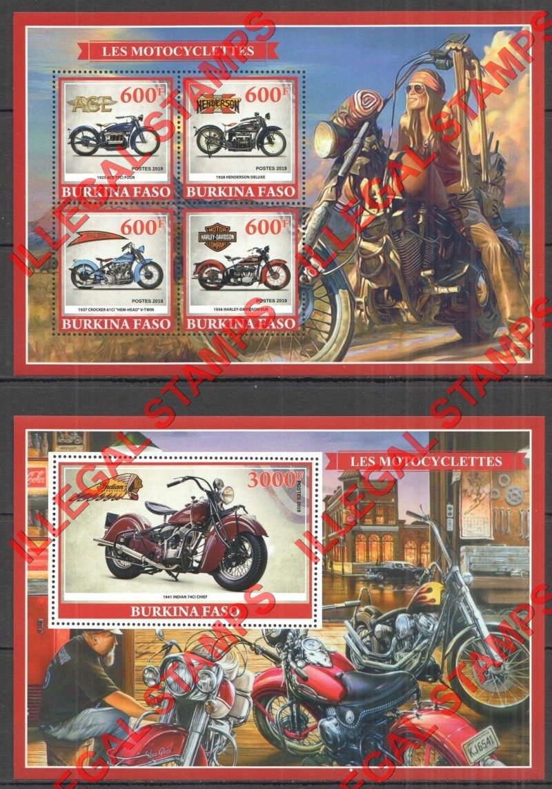 Burkina Faso 2019 Motorcycles Illegal Stamp Souvenir Sheets of 4 and 1