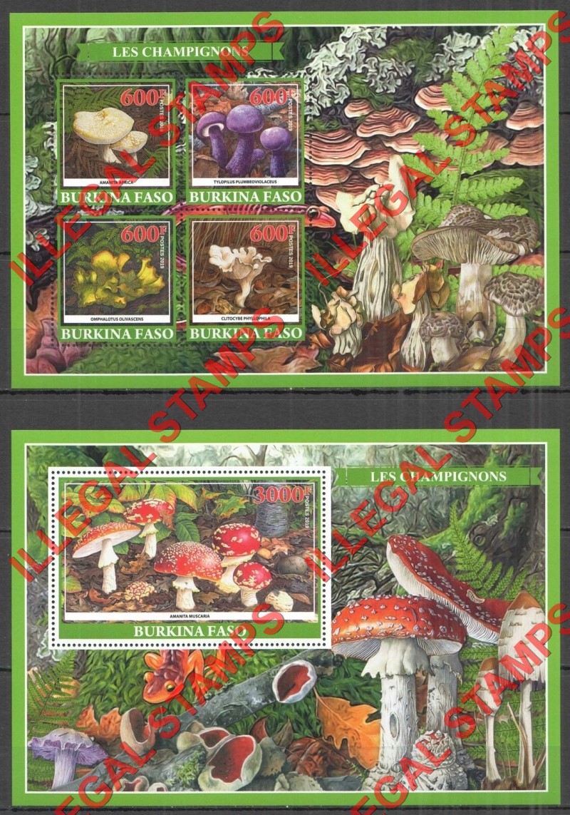 Burkina Faso 2019 Mushrooms Illegal Stamp Souvenir Sheets of 4 and 1