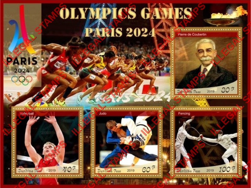 Burkina Faso 2019 Olympic Games in Paris in 2024 Illegal Stamp Souvenir Sheet of 4