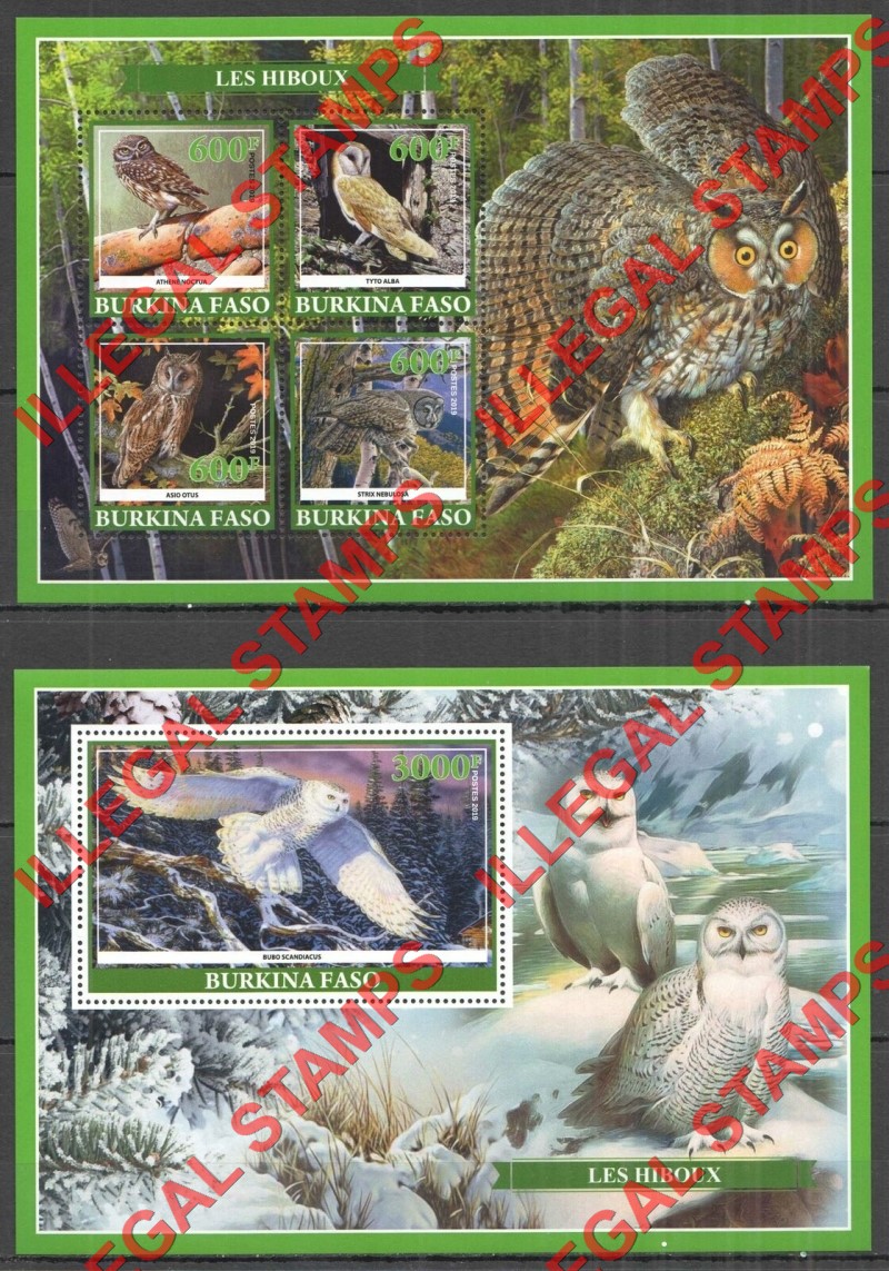 Burkina Faso 2019 Owls Illegal Stamp Souvenir Sheets of 4 and 1