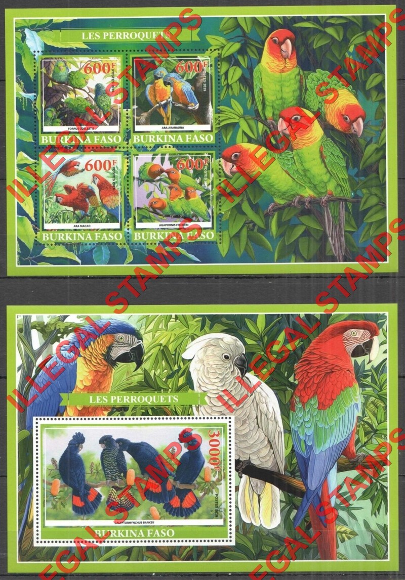 Burkina Faso 2019 Parrots Illegal Stamp Souvenir Sheets of 4 and 1