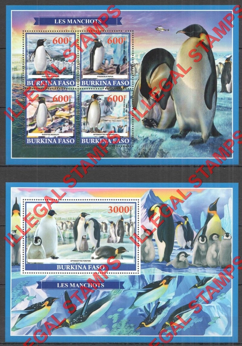Burkina Faso 2019 Penguins Illegal Stamp Souvenir Sheets of 4 and 1