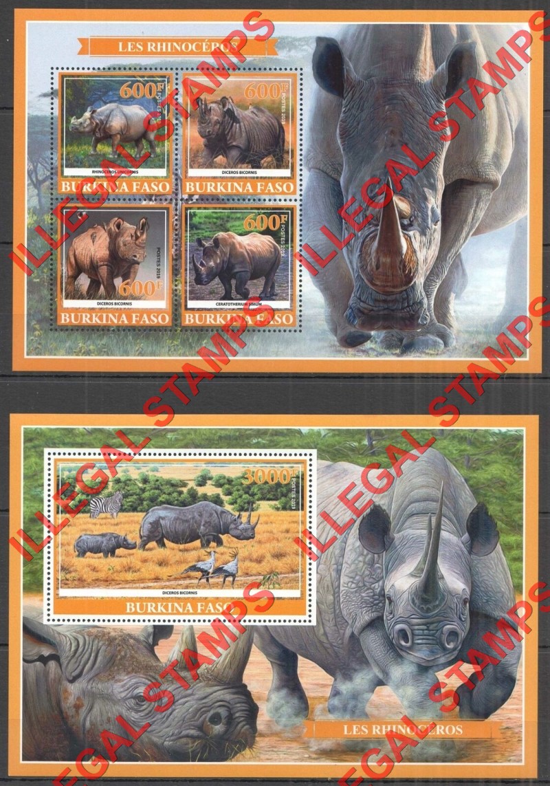 Burkina Faso 2019 Rhinoceros Illegal Stamp Souvenir Sheets of 4 and 1