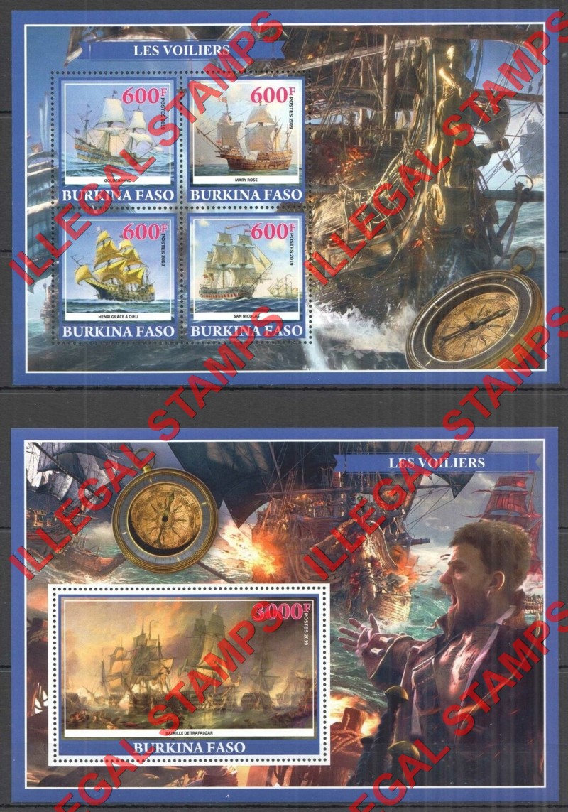 Burkina Faso 2019 Sailing Ships Illegal Stamp Souvenir Sheets of 4 and 1 (Set 1)