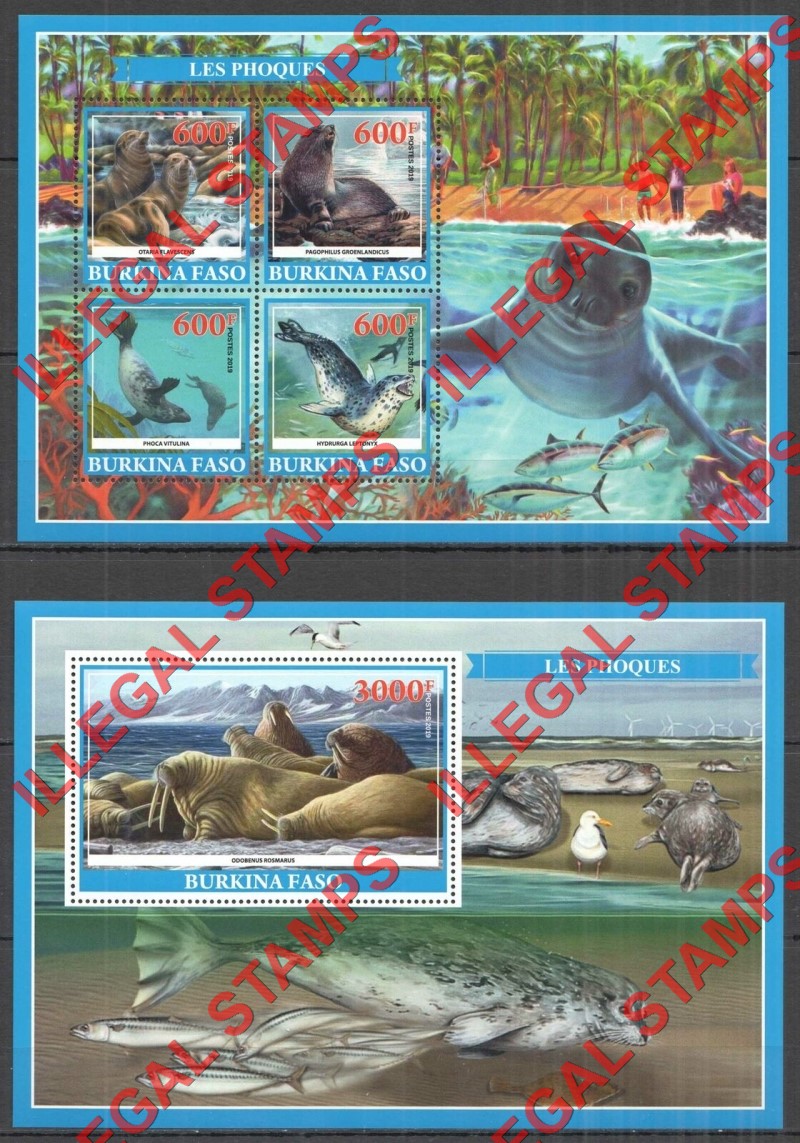 Burkina Faso 2019 Seals Illegal Stamp Souvenir Sheets of 4 and 1