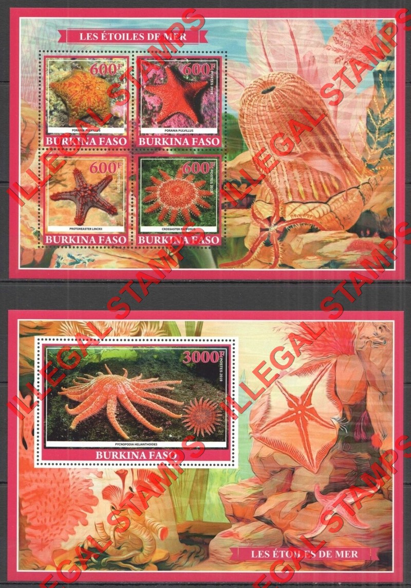 Burkina Faso 2019 Starfish Illegal Stamp Souvenir Sheets of 4 and 1