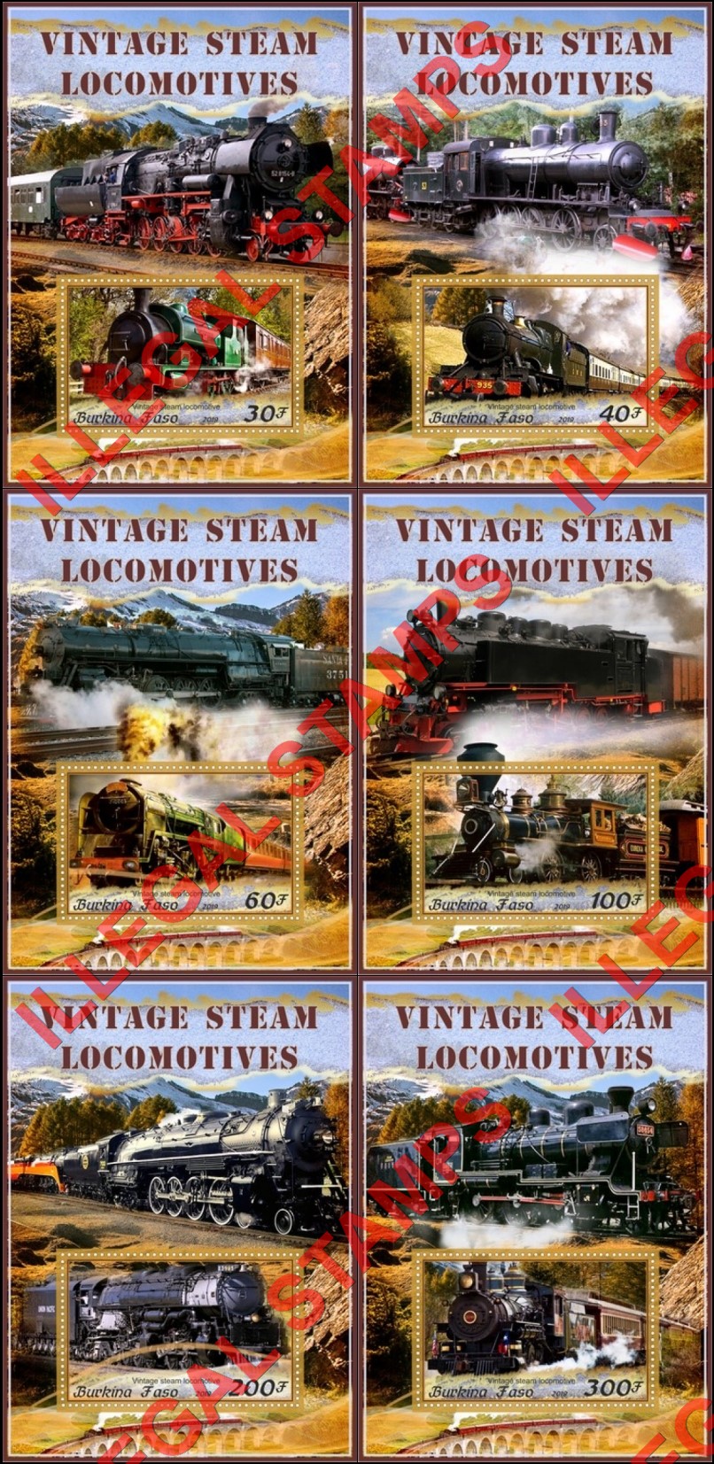Burkina Faso 2019 Vintage Steam Locomotives (different) Illegal Stamp Souvenir Sheets of 1