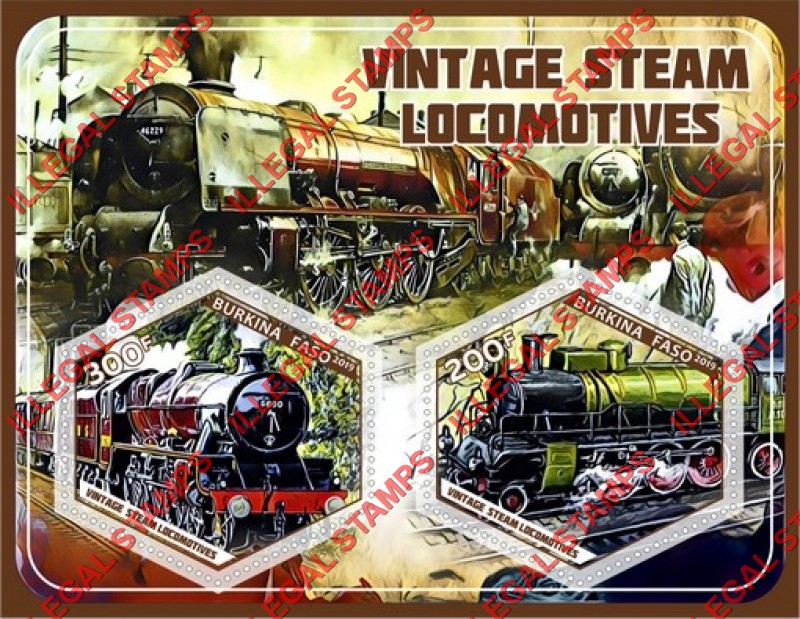 Burkina Faso 2019 Vintage Steam Locomotives Illegal Stamp Souvenir Sheet of 2