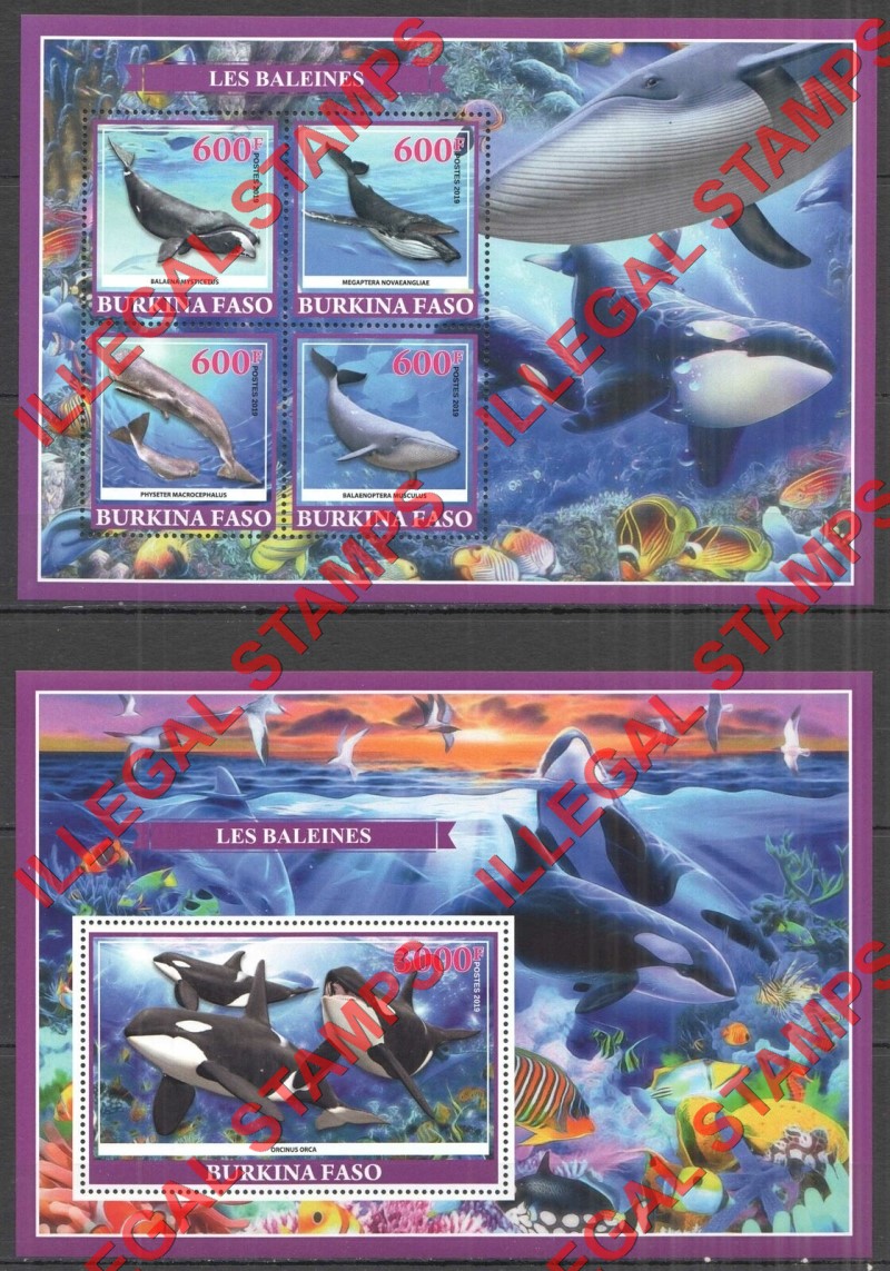Burkina Faso 2019 Whales Illegal Stamp Souvenir Sheets of 4 and 1