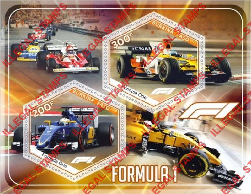 Burkina Faso 2020 Formula I Race Cars Illegal Stamp Souvenir Sheet of 2