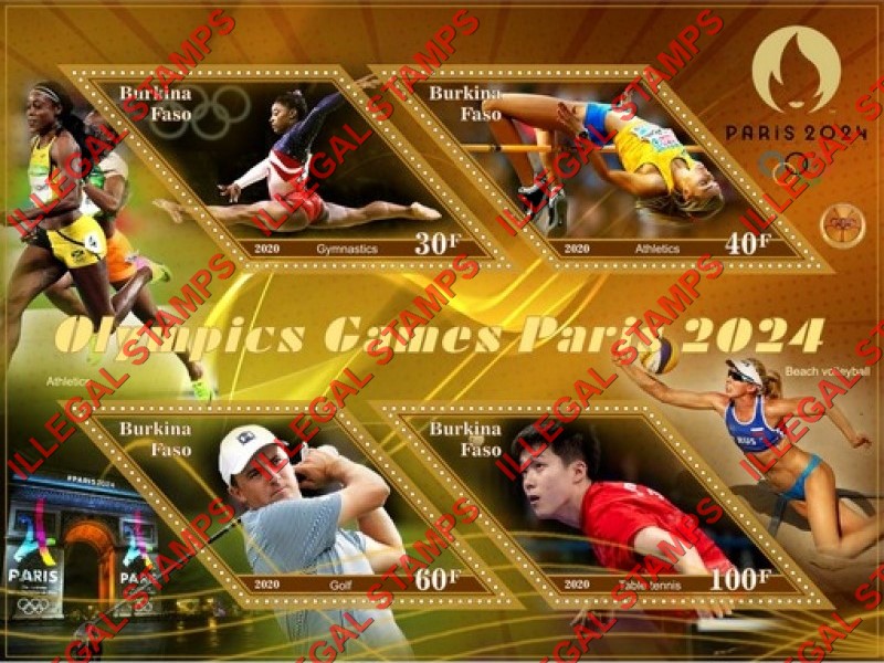 Burkina Faso 2020 Olympic Games in Paris in 2024 Illegal Stamp Souvenir Sheet of 4