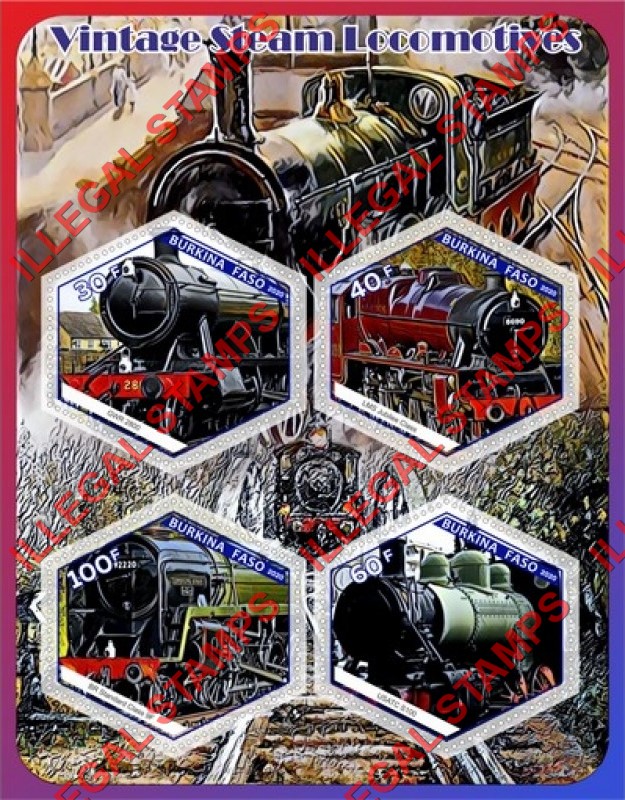 Burkina Faso 2020 Vintage Steam Locomotives Illegal Stamp Souvenir Sheet of 4