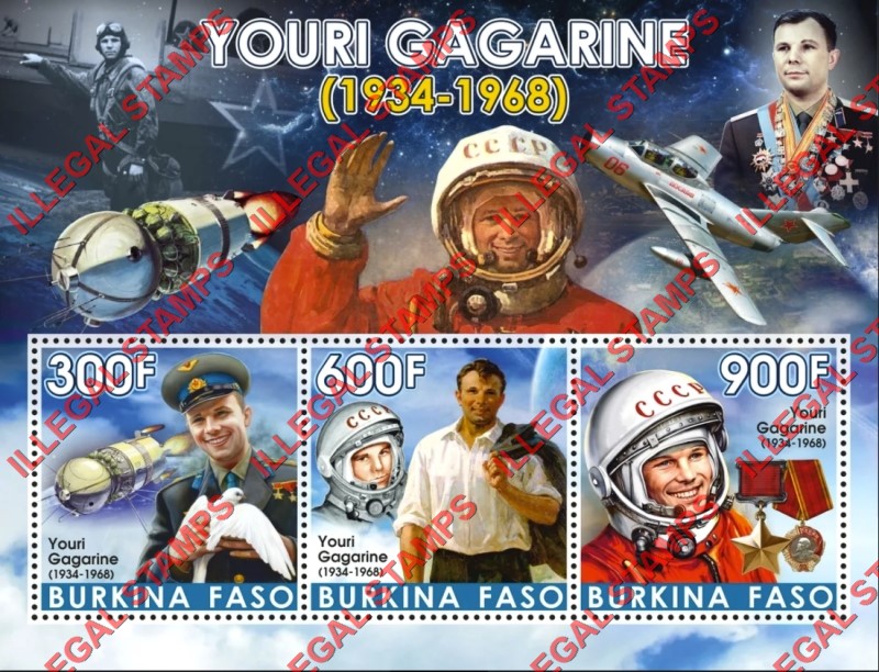 Burkina Faso 2020 Yuri Gagarine Spelled Youri Gagarine Illegal Stamp Souvenir Sheet of 3