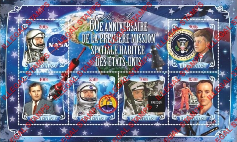 Burkina Faso 2021 Space 60th Anniversary of the USA's First Manned Space Mission Illegal Stamp Souvenir Sheet of 6