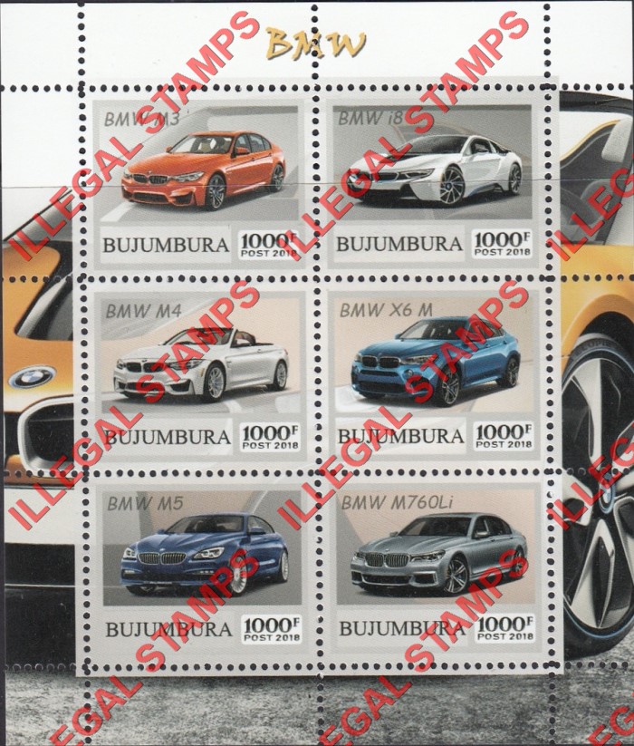 Bujumbura 2018 Cars BMW Counterfeit Illegal Stamp Souvenir Sheet of 6