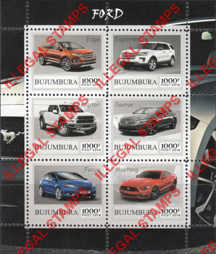 Bujumbura 2018 Cars Ford Counterfeit Illegal Stamp Souvenir Sheet of 6