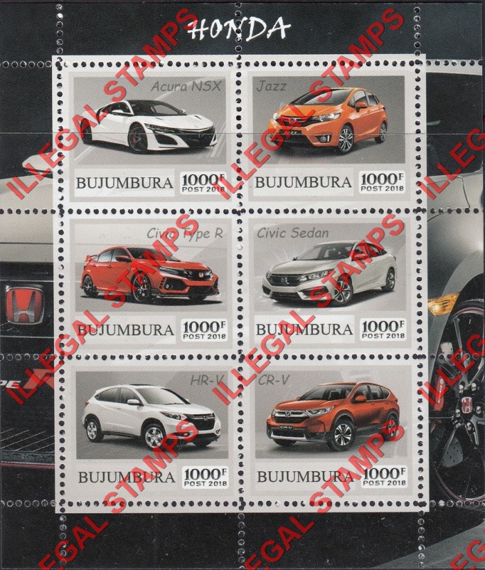 Bujumbura 2018 Cars Honda Counterfeit Illegal Stamp Souvenir Sheet of 6