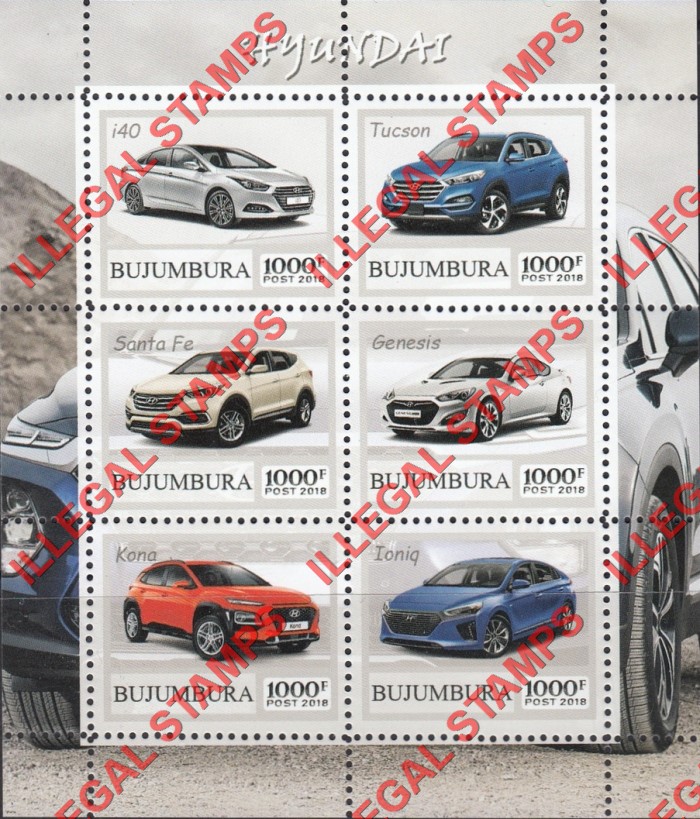 Bujumbura 2018 Cars Hyundai Counterfeit Illegal Stamp Souvenir Sheet of 6
