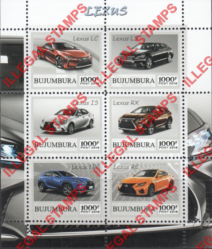 Bujumbura 2018 Cars Lexus Counterfeit Illegal Stamp Souvenir Sheet of 6