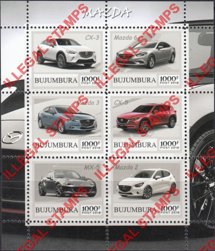 Bujumbura 2018 Cars Mazda Counterfeit Illegal Stamp Souvenir Sheet of 6